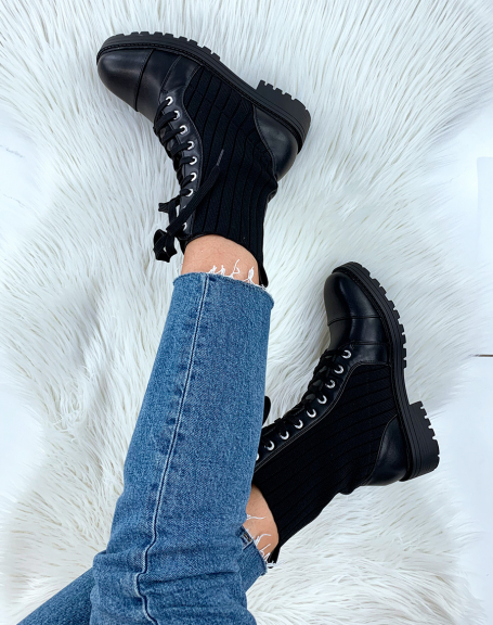 Black lace-up sock ankle boots