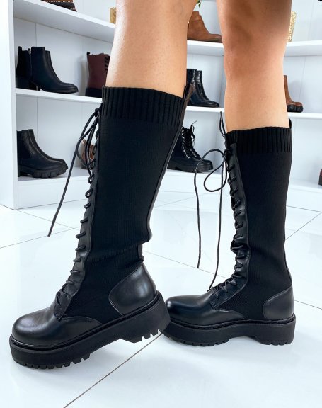Black lace-up sock boots