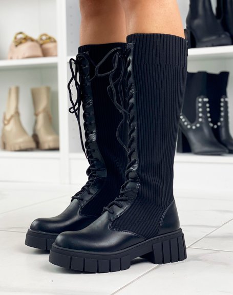 Black lace-up sock boots