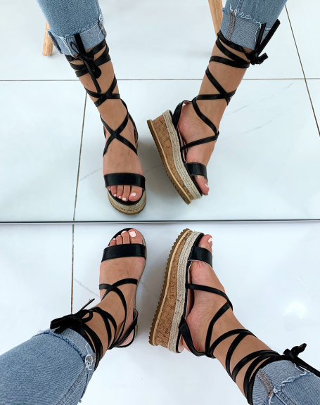 Black lace-up wedge sandals