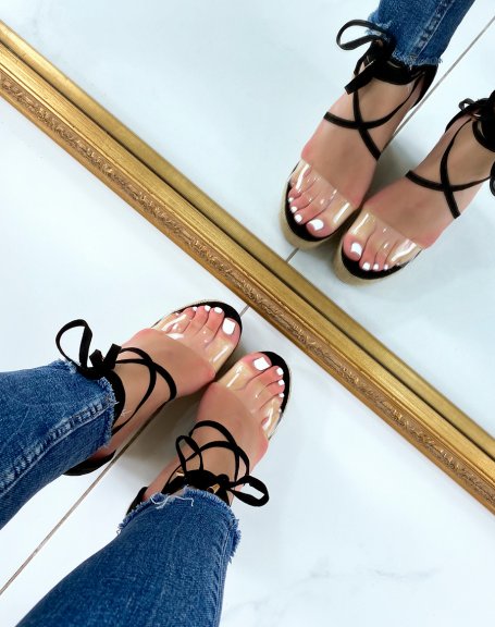 Black lace-up wedges with transparent strap