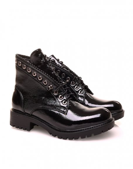 Black lacquered ankle boot with pearls and rhinestones