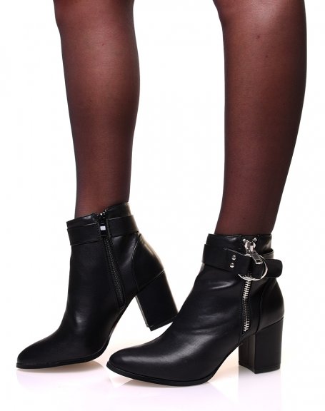 Black leather-look ankle boots with strap
