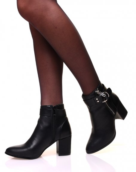 Black leather-look ankle boots with strap