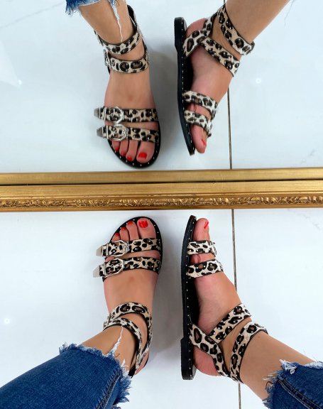 Black leopard-effect flat sandals with buckles