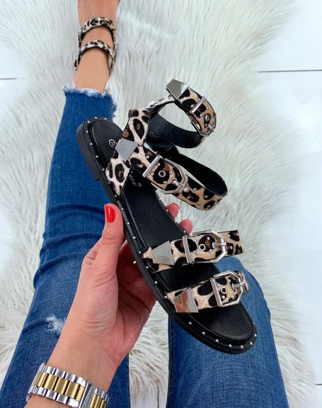 Black leopard-effect flat sandals with buckles