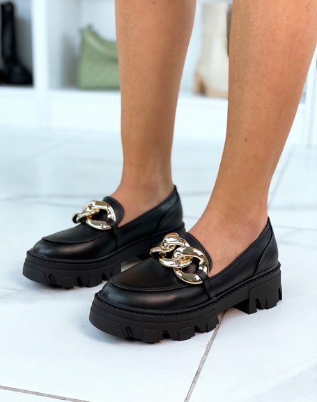 Black loafers with notched sole and gold chain