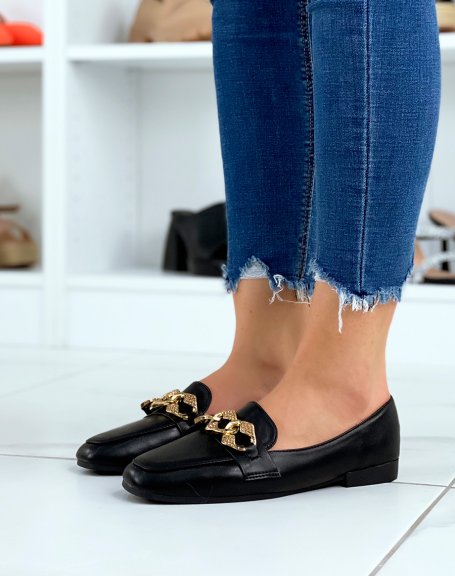 Black loafers with rhinestone gold chain