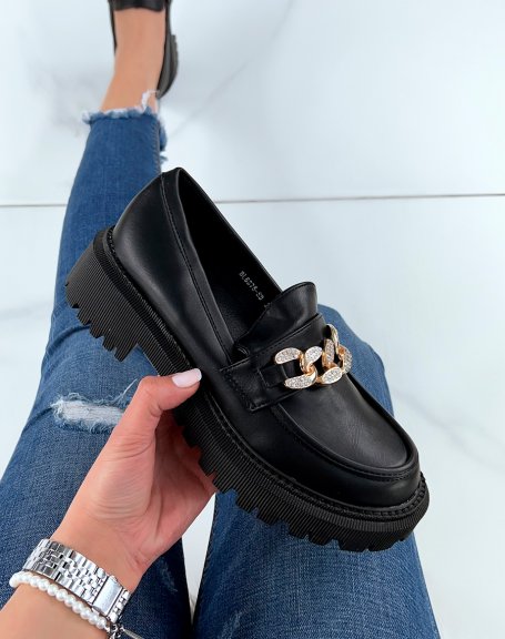 Black loafers with rhinestone gold chain and notched sole