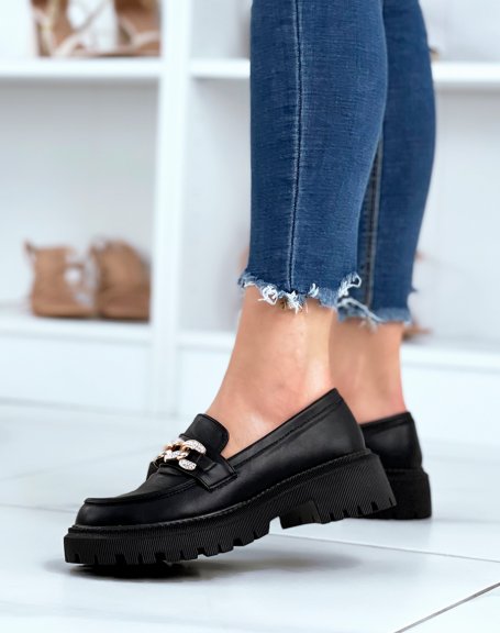Black loafers with rhinestone gold chain and notched sole