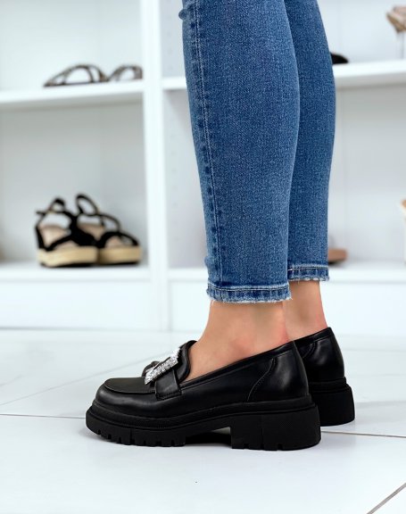 Black loafers with square rhinestone yoke and notched sole