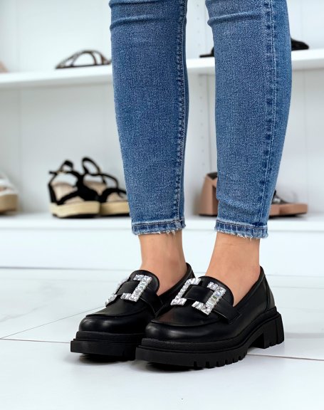 Black loafers with square rhinestone yoke and notched sole