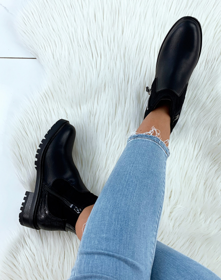Black low boots in bi-material with silver closure details