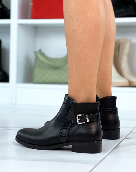 Black low-cut ankle boots with croc-effect inserts and strap
