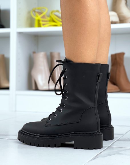 Black matte high-top ankle boots with lace and heeled sole