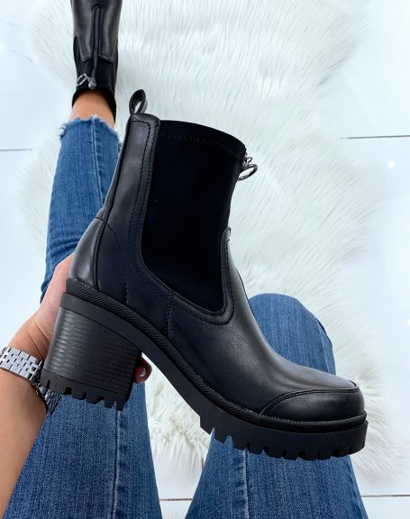 Black mid-heel ankle boots with zip
