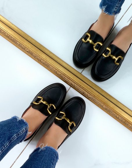 Black moccasin mules with gold insert