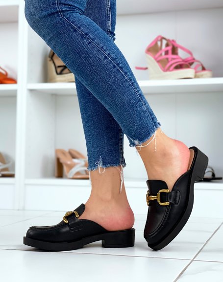 Black moccasin mules with gold insert