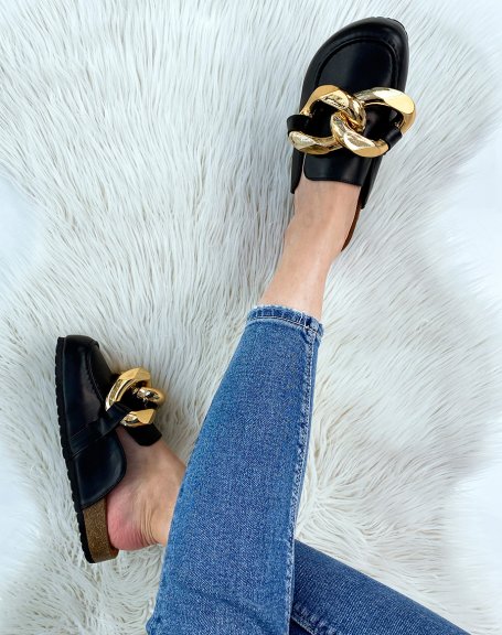 Black moccasin-style mules with big gold chain