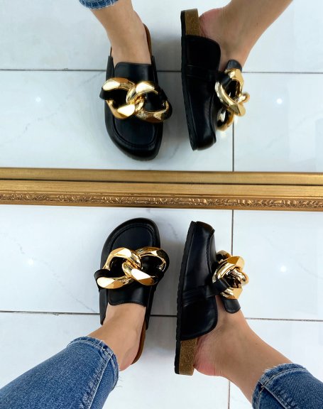 Black moccasin-style mules with big gold chain