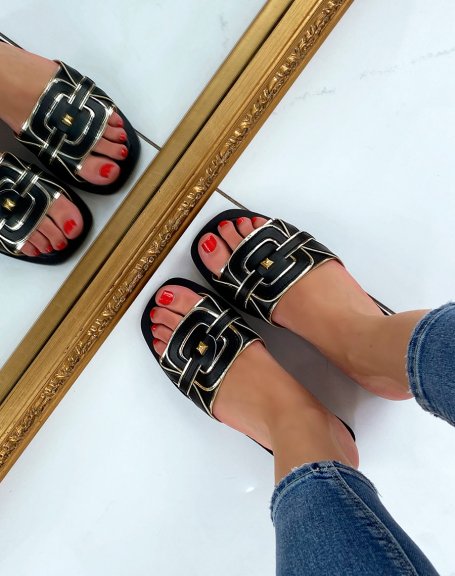 Black mules with chunky strap and gold detail