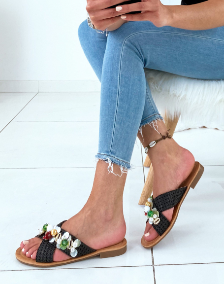Black mules with double crossed straps decorated with jewels