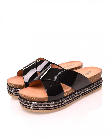 Black mules with double varnished straps
