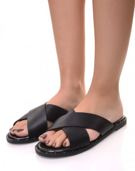Black mules with thick crossover strap