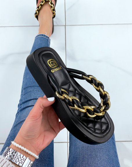 Black mules with thick sole and black and gold twisted strap