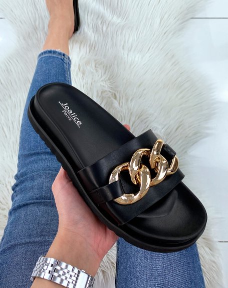 Black mules with thick strap and large golden chain