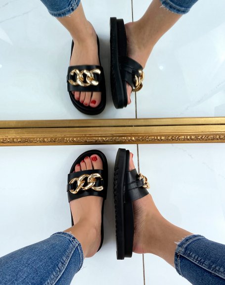 Black mules with thick strap and large golden chain