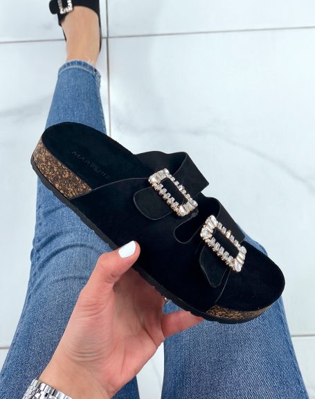 Black mules with thick straps and rhinestone jewels