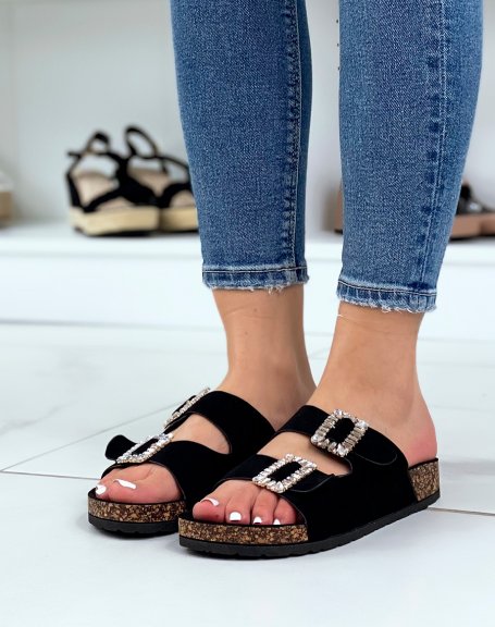 Black mules with thick straps and rhinestone jewels
