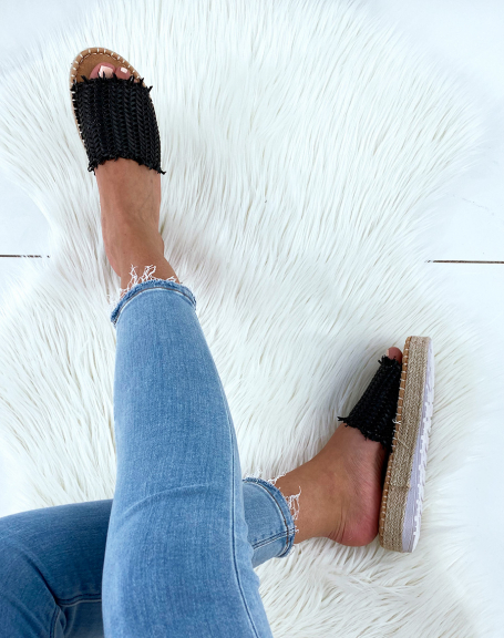Black mules with wedge soles and fancy straps
