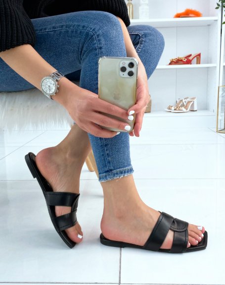 Black mules with wide crisscross straps