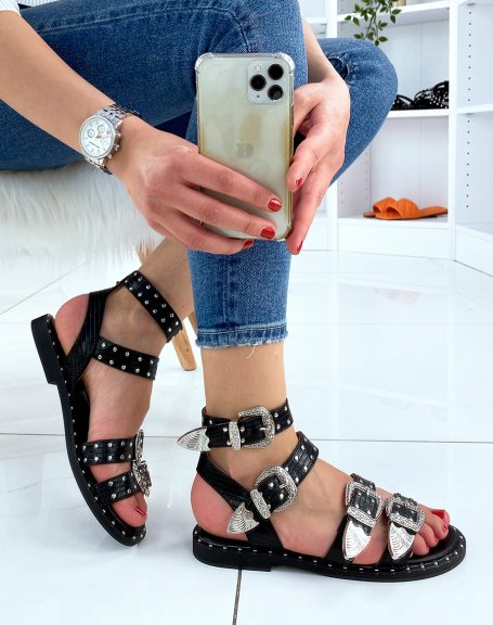 Black multi-strap adjustable studded sandals