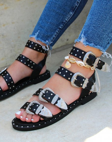Black multi-strap adjustable studded sandals