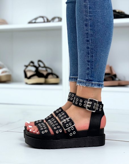 Black multi-strap studded flat sandals