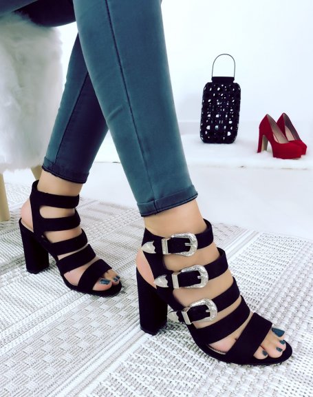 Black multi-strap suedette heels