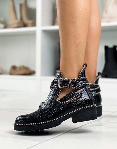 Black open ankle boots in patent croc effect adorned with studs