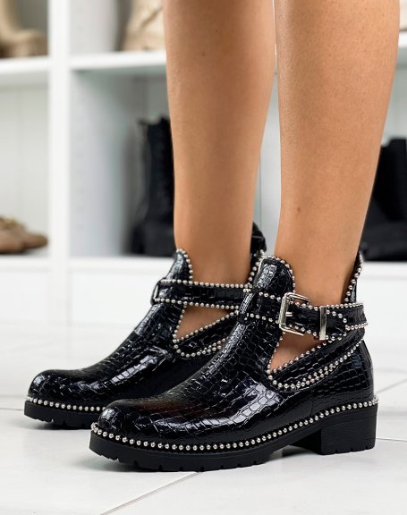Black open ankle boots in patent croc effect adorned with studs