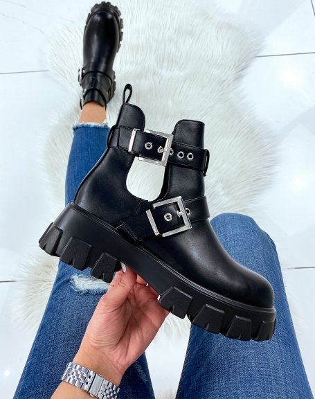 Black open ankle boots with double straps