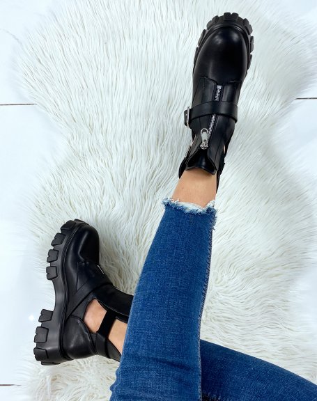 Black open ankle boots with double straps and zip