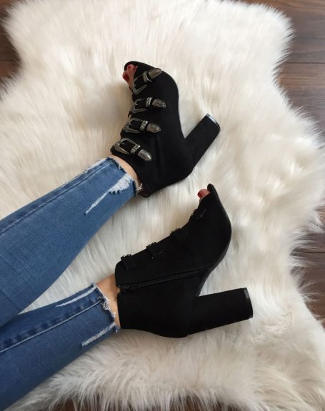 Black open-toe suedette sandals with heels