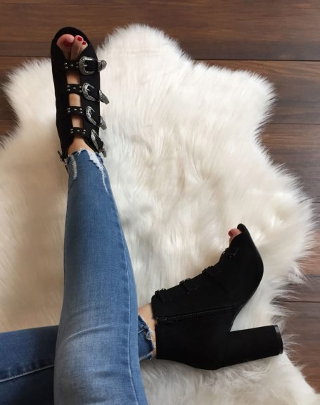 Black open-toe suedette sandals with heels