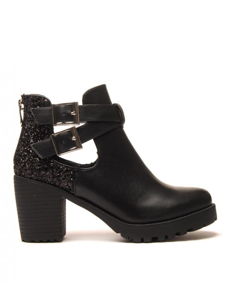 Black openwork and glitter heeled ankle boots