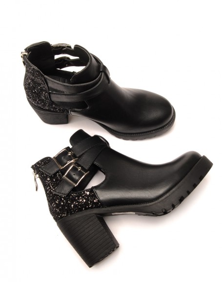 Black openwork and glitter heeled ankle boots