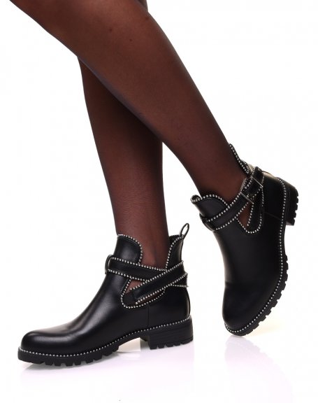 Black openwork ankle boots with beaded straps
