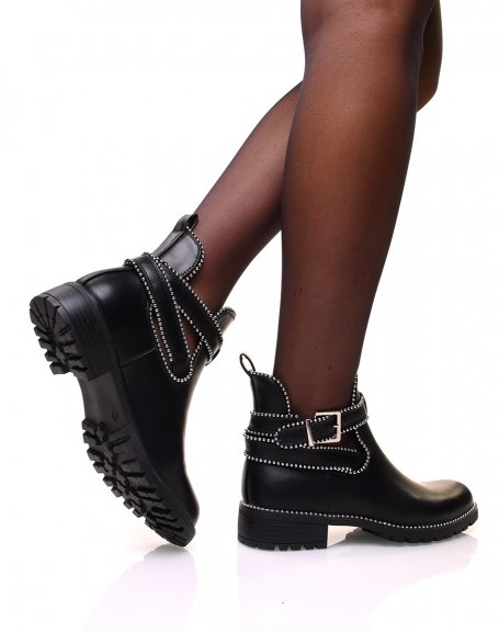 Black openwork ankle boots with beaded straps