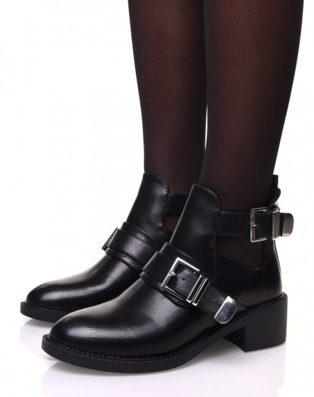 Black openwork ankle boots with decorative strap